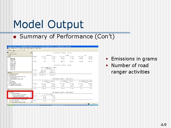 Model Output n Summary of Performance (Con’t) § Emissions in grams § Number of