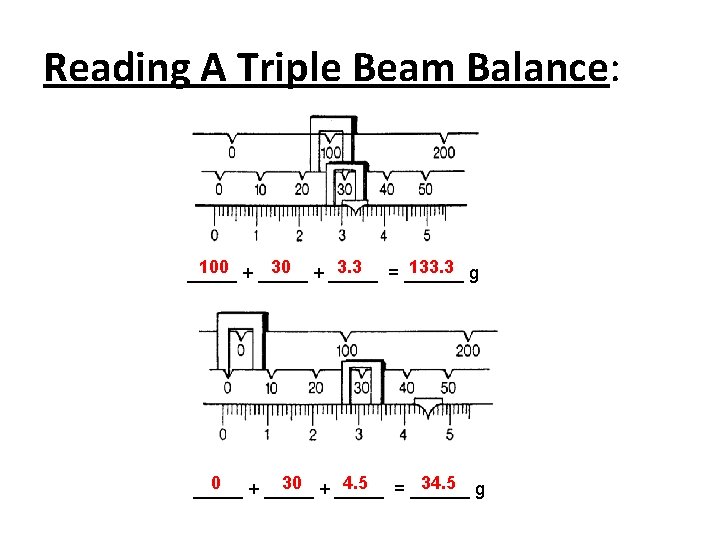 Reading A Triple Beam Balance: 100 + _____ 3. 3 = ______ 133. 3