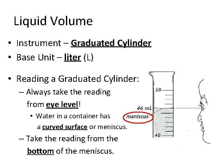 Liquid Volume • Instrument – Graduated Cylinder • Base Unit – liter (L) •