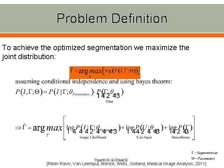 Problem Definition To achieve the optimized segmentation we maximize the joint distribution: Tsachi. H.