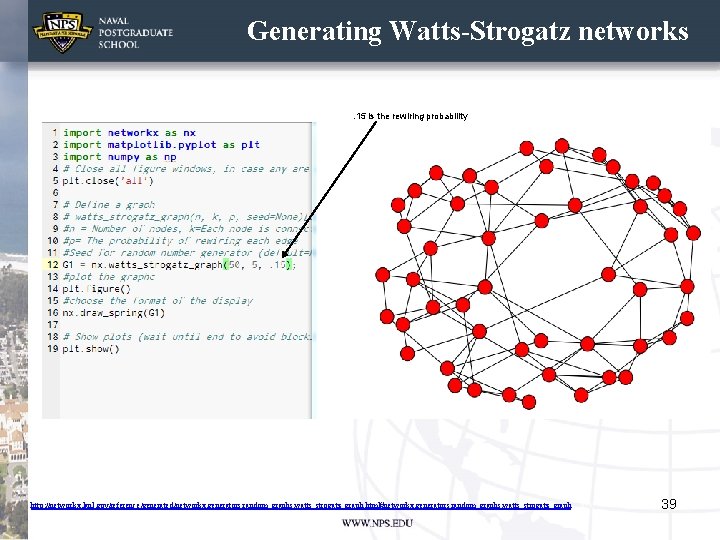 Generating Watts-Strogatz networks. 15 is the rewiring probability http: //networkx. lanl. gov/reference/generated/networkx. generators. random_graphs.