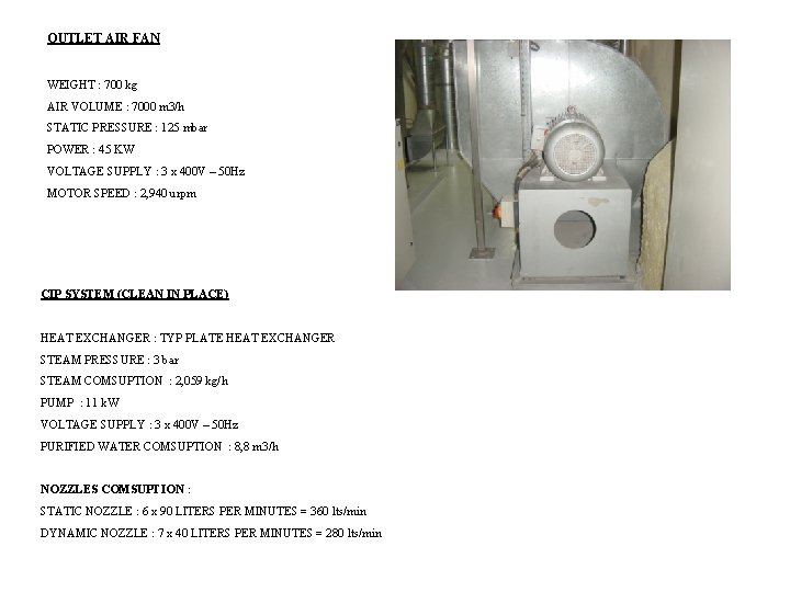 OUTLET AIR FAN WEIGHT : 700 kg AIR VOLUME : 7000 m 3/h STATIC