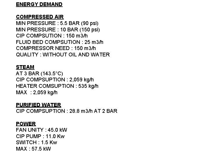 ENERGY DEMAND COMPRESSED AIR MIN PRESSURE : 5. 5 BAR (90 psi) MIN PRESSURE