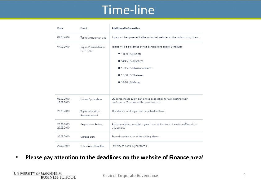 Time-line • Please pay attention to the deadlines on the website of Finance area!