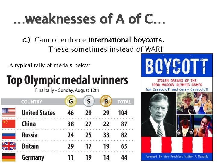 …weaknesses of A of C… c. ) Cannot enforce international boycotts. These sometimes instead