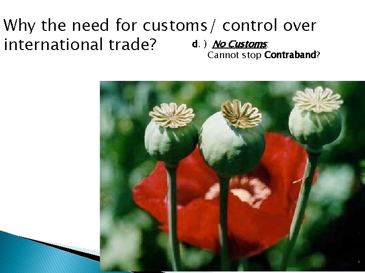 Why the need for customs/ control over d. ) No Customs: international trade? Cannot