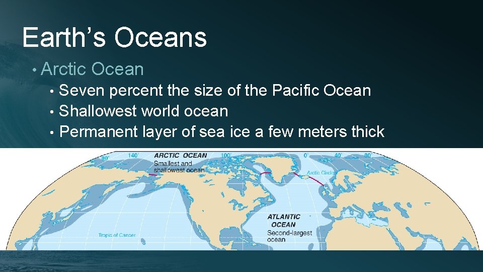 Earth’s Oceans • Arctic Ocean Seven percent the size of the Pacific Ocean •