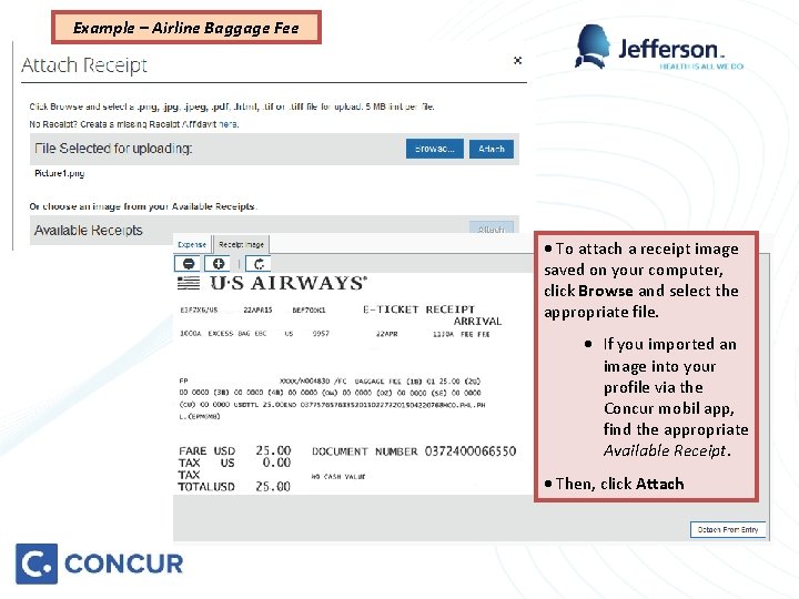 Example – Airline Baggage Fee · To attach a receipt image saved on your