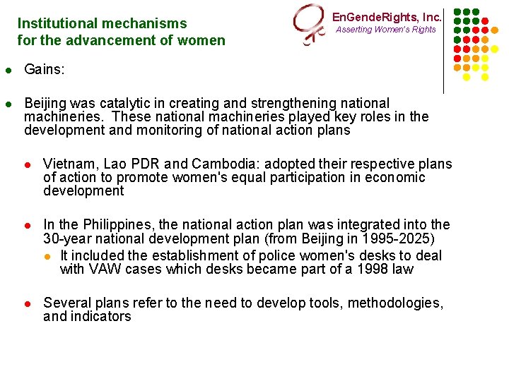 Institutional mechanisms for the advancement of women En. Gende. Rights, Inc. Asserting Women’s Rights