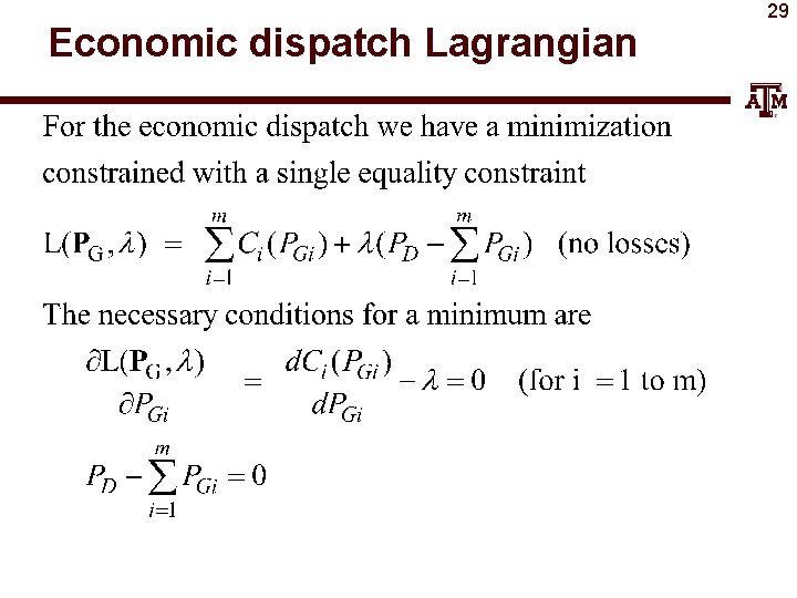 Economic dispatch Lagrangian 29 