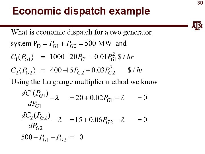 Economic dispatch example 30 