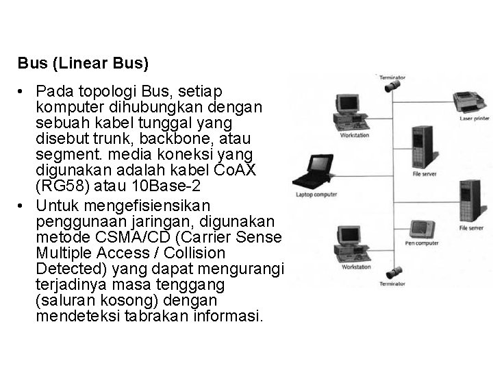 Bus (Linear Bus) • Pada topologi Bus, setiap komputer dihubungkan dengan sebuah kabel tunggal