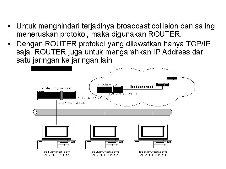  • Untuk menghindari terjadinya broadcast collision dan saling meneruskan protokol, maka digunakan ROUTER.