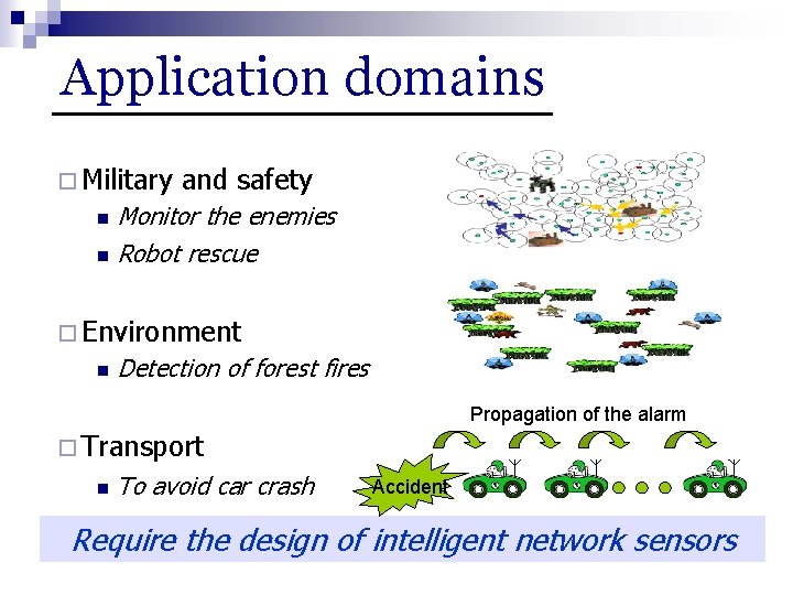 Application domains ¨ Military and safety Monitor the enemies n Robot rescue n ¨