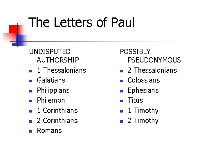 The Letters of Paul UNDISPUTED AUTHORSHIP n 1 Thessalonians n Galatians n Philippians n