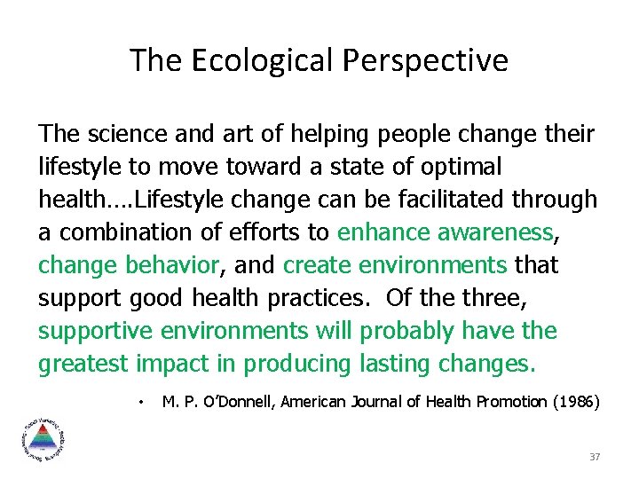 The Ecological Perspective The science and art of helping people change their lifestyle to