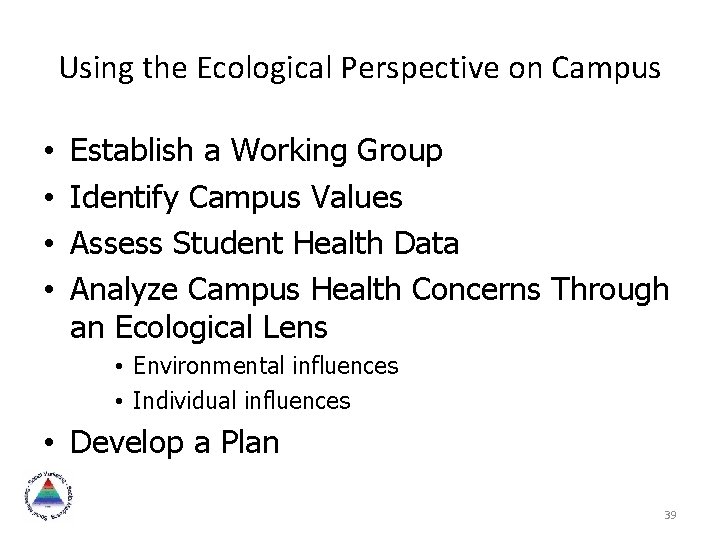 Using the Ecological Perspective on Campus • • Establish a Working Group Identify Campus