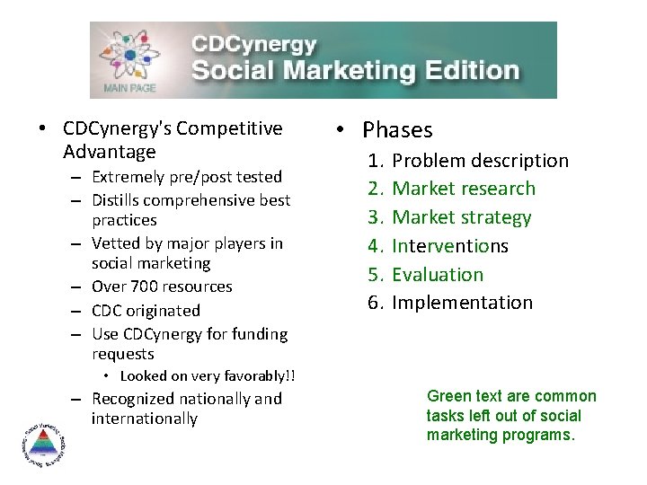 CDCynergy Social Marketing Edition • CDCynergy's Competitive Advantage – Extremely pre/post tested – Distills