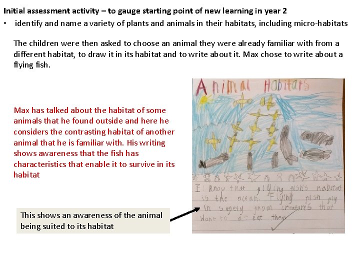 Initial assessment activity – to gauge starting point of new learning in year 2