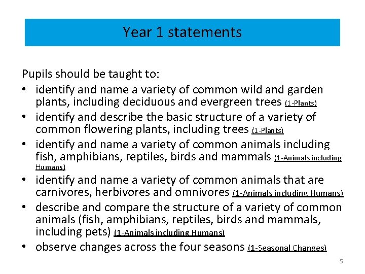 Year 1 statements Pupils should be taught to: • identify and name a variety