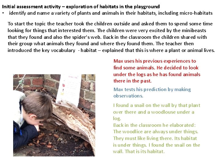 Initial assessment activity – exploration of habitats in the playground • identify and name