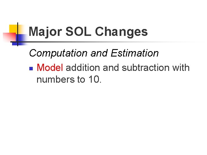 Major SOL Changes Computation and Estimation n Model addition and subtraction with numbers to