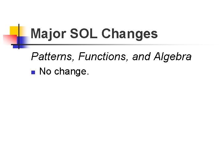 Major SOL Changes Patterns, Functions, and Algebra n No change. 