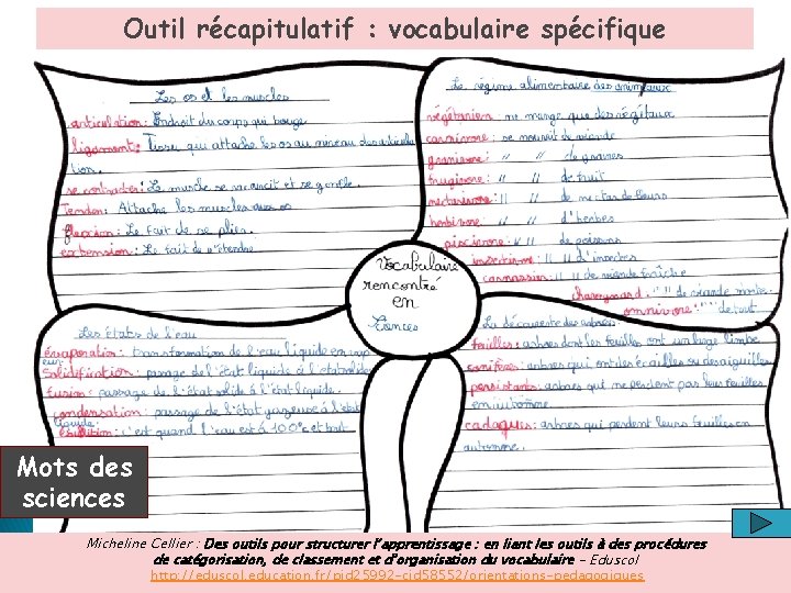 Outil récapitulatif : vocabulaire spécifique Mots des sciences Micheline Cellier : Des outils pour