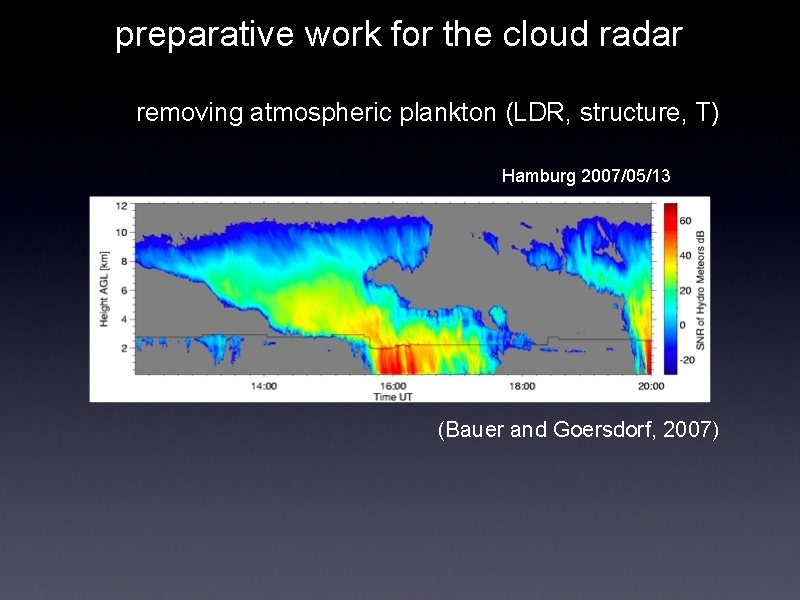 preparative work for the cloud radar removing atmospheric plankton (LDR, structure, T) Hamburg 2007/05/13