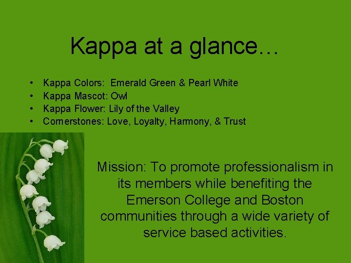 Kappa at a glance… • • Kappa Colors: Emerald Green & Pearl White Kappa