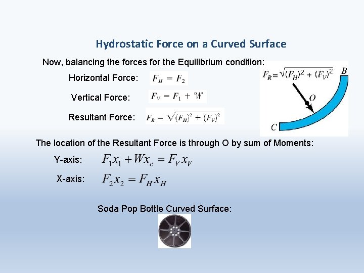 Hydrostatic Force on a Curved Surface Now, balancing the forces for the Equilibrium condition: