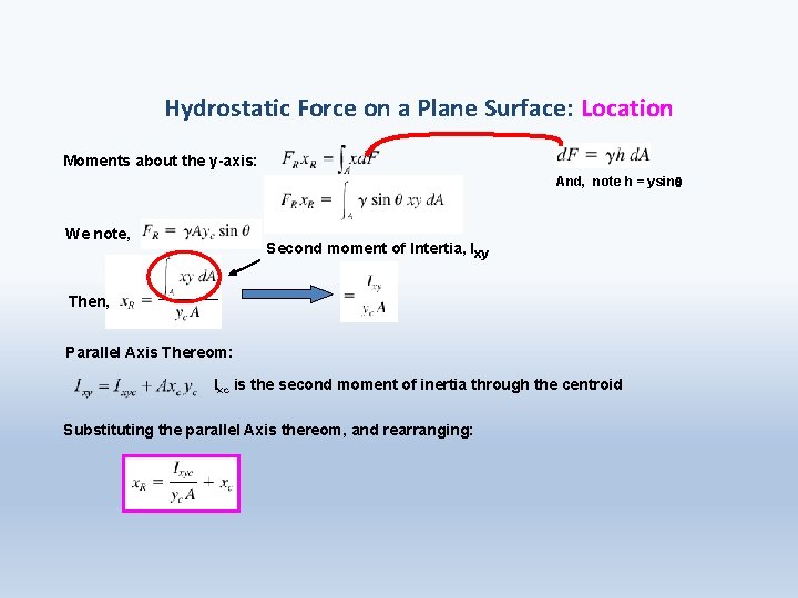Hydrostatic Force on a Plane Surface: Location Moments about the y-axis: And, note h