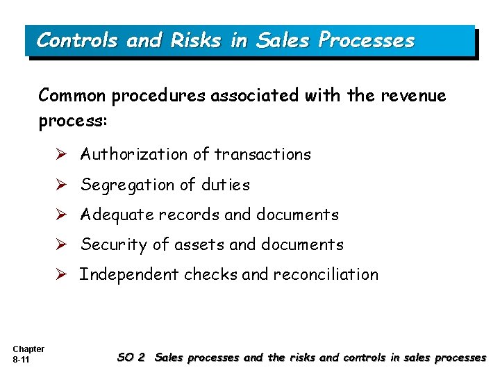 Controls and Risks in Sales Processes Common procedures associated with the revenue process: Ø