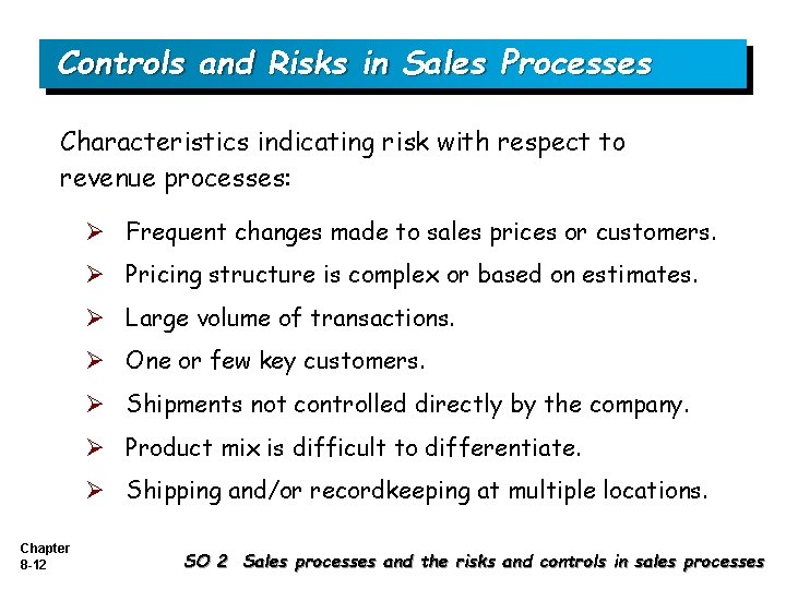 Controls and Risks in Sales Processes Characteristics indicating risk with respect to revenue processes: