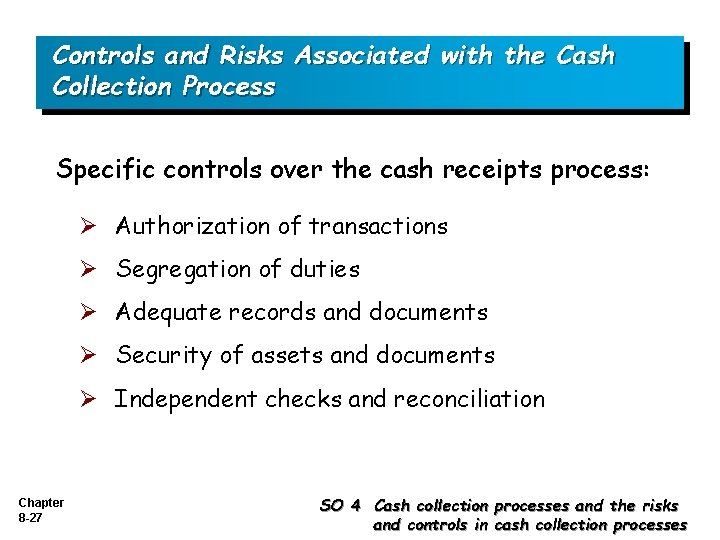 Controls and Risks Associated with the Cash Collection Process Specific controls over the cash