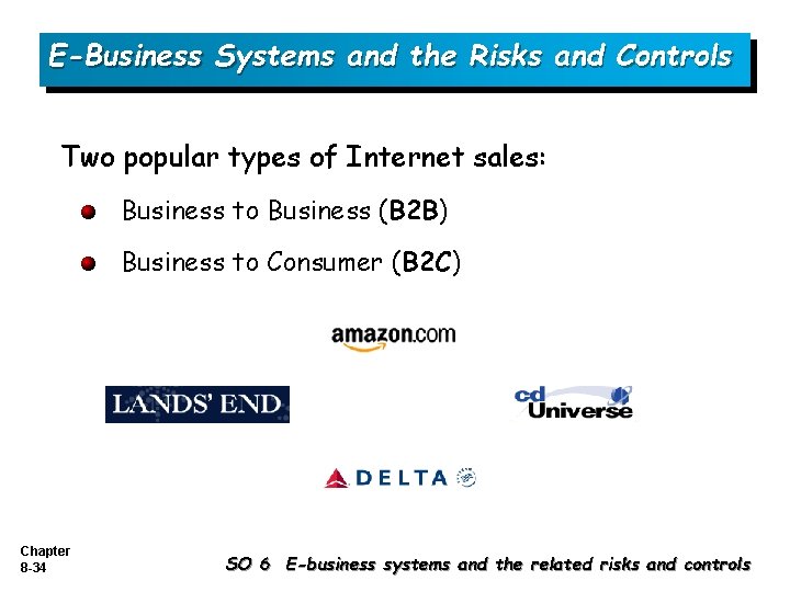 E-Business Systems and the Risks and Controls Two popular types of Internet sales: Business