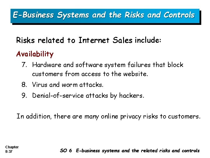 E-Business Systems and the Risks and Controls Risks related to Internet Sales include: Availability