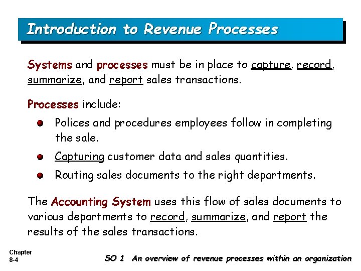 Introduction to Revenue Processes Systems and processes must be in place to capture, record,