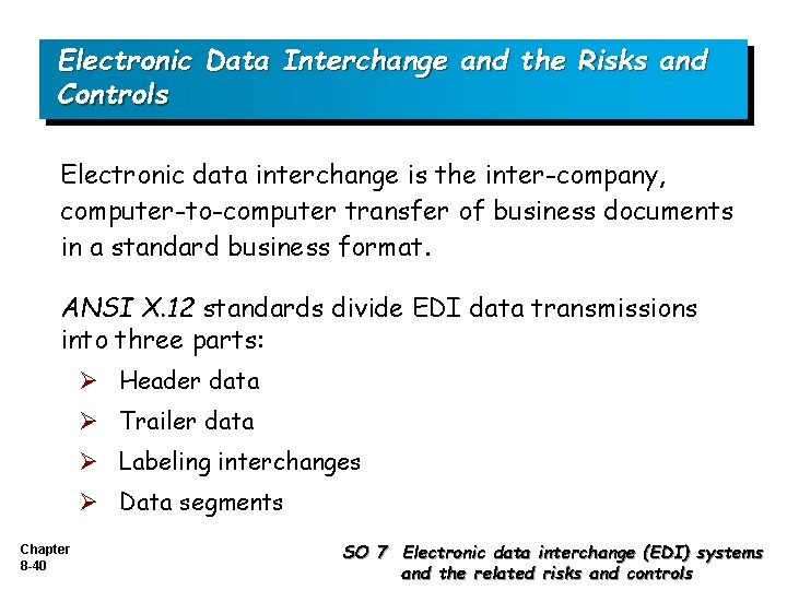 Electronic Data Interchange and the Risks and Controls Electronic data interchange is the inter-company,
