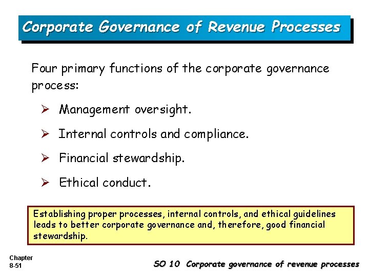 Corporate Governance of Revenue Processes Four primary functions of the corporate governance process: Ø