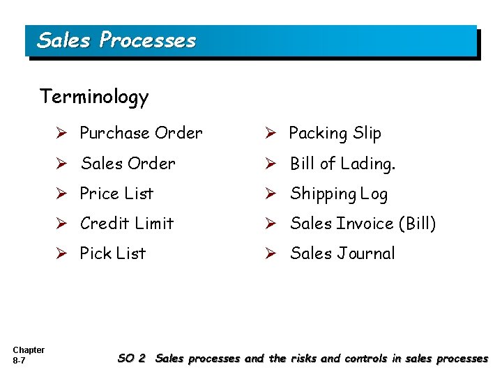 Sales Processes Terminology Chapter 8 -7 Ø Purchase Order Ø Packing Slip Ø Sales