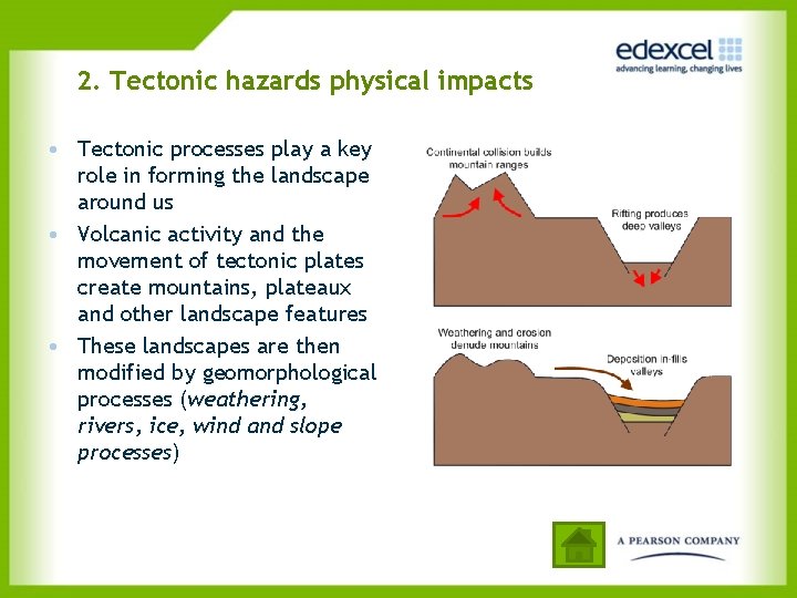 2. Tectonic hazards physical impacts • Tectonic processes play a key role in forming