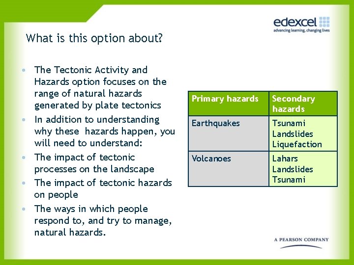 What is this option about? • The Tectonic Activity and Hazards option focuses on