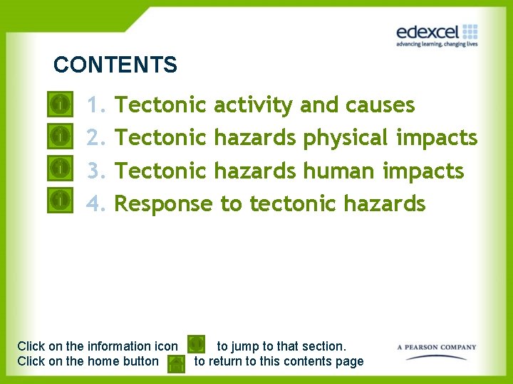 CONTENTS 1. Tectonic activity and causes 2. Tectonic hazards physical impacts 3. Tectonic hazards