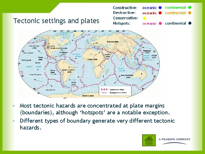 Tectonic settings and plates • Most tectonic hazards are concentrated at plate margins (boundaries),