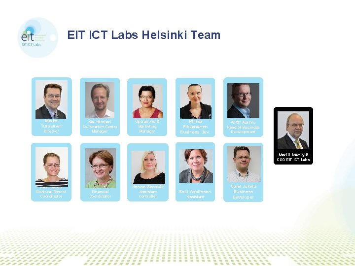 EIT ICT Labs Helsinki Team Marko Turpeinen Director Kai Huotari Co-location Centre Manager Suvi