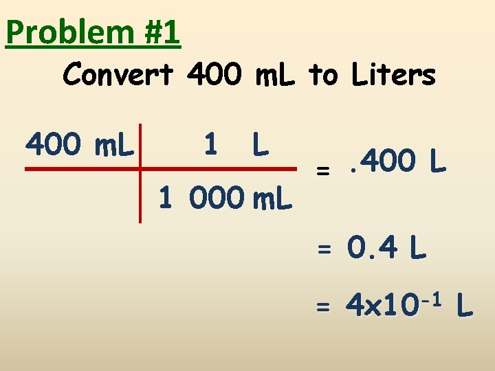 Problem #1 Convert 400 m. L to Liters 400 m. L 1 000 m.