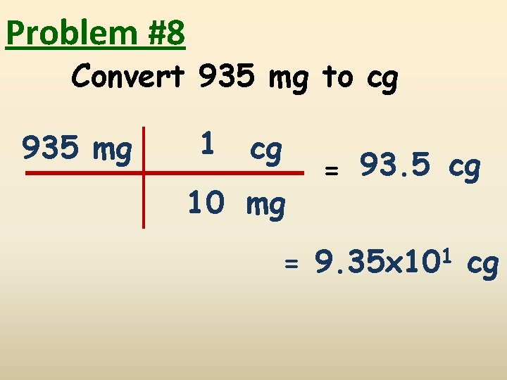 Problem #8 Convert 935 mg to cg 935 mg 1 cg 10 mg =