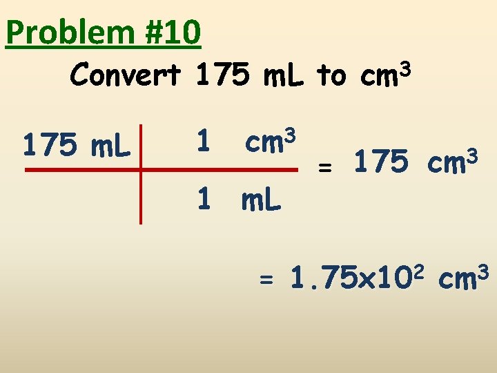 Problem #10 Convert 175 m. L to cm 3 175 m. L 1 cm