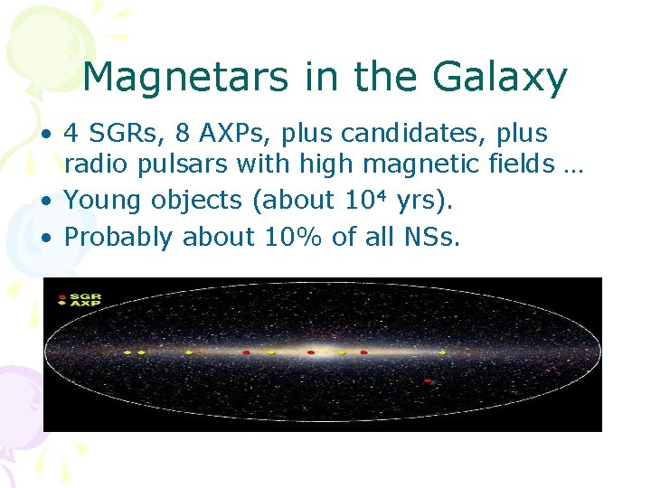 Magnetars in the Galaxy • 4 SGRs, 8 AXPs, plus candidates, plus radio pulsars